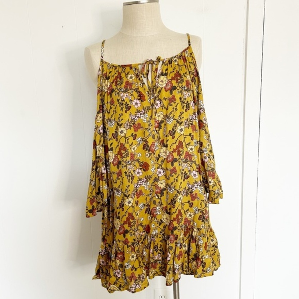 Altar’d State Mustard Yellow Floral Mini Dress Ruffle Tie Boho Size‎ Small